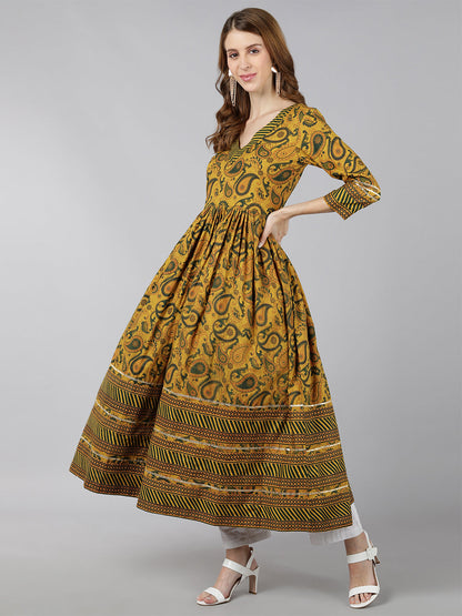 Rayon Floral Print Anarkali Kurta (Yellow)