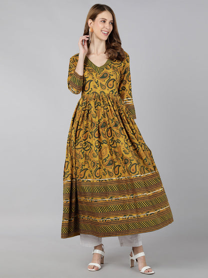 Rayon Floral Print Anarkali Kurta (Yellow)