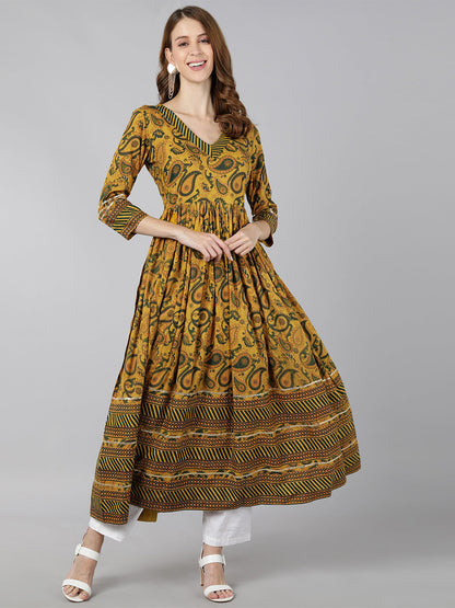 Rayon Floral Print Anarkali Kurta (Yellow)