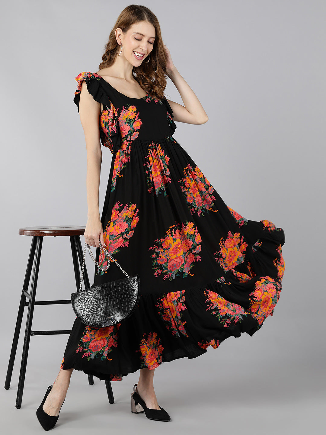 Rayon Printed Anarkali Kurta (Black)