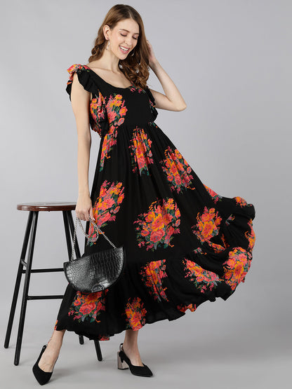 Rayon Printed Anarkali Kurta (Black)