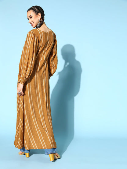 Woven Poly Striped Print Flared Dress (Brown)