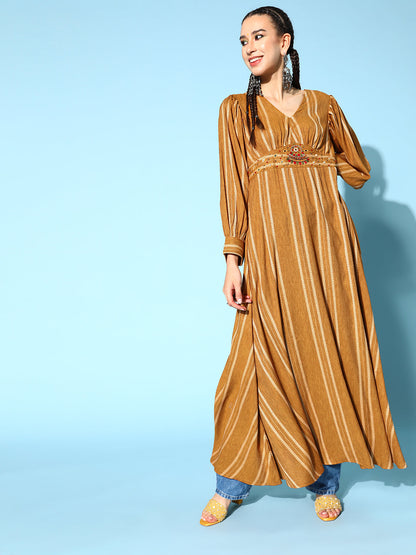 Woven Poly Striped Print Flared Dress (Brown)
