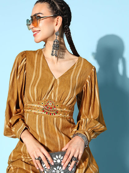 Woven Poly Striped Print Flared Dress (Brown)