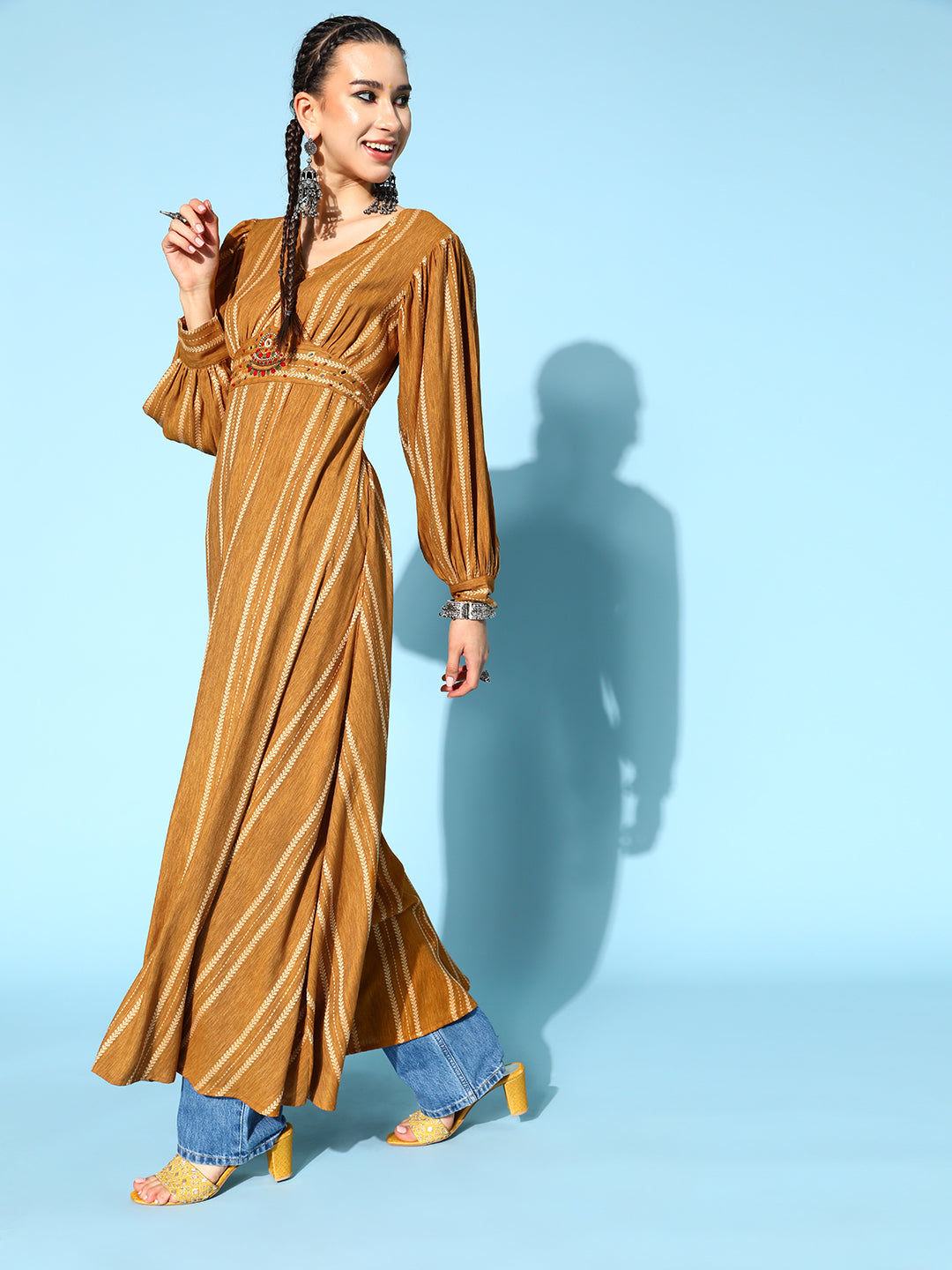Woven Poly Striped Print Flared Dress (Brown)