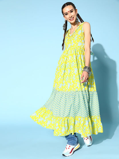 Cotton Printed Tiered Dress (Green)