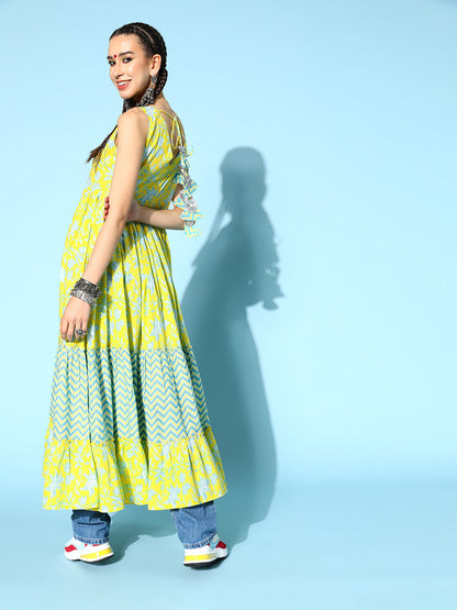 Cotton Printed Tiered Dress (Green)