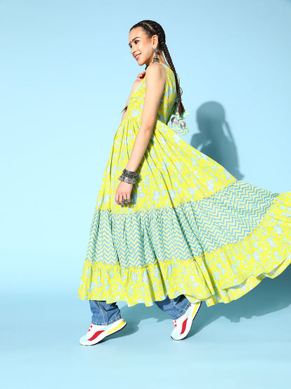 Cotton Printed Tiered Dress (Green)