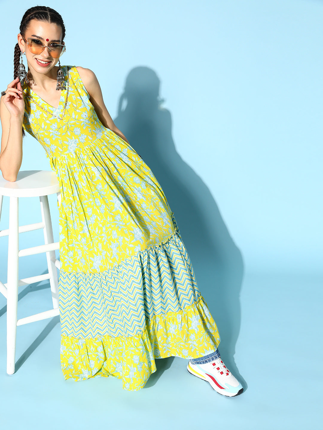 Cotton Printed Tiered Dress (Green)