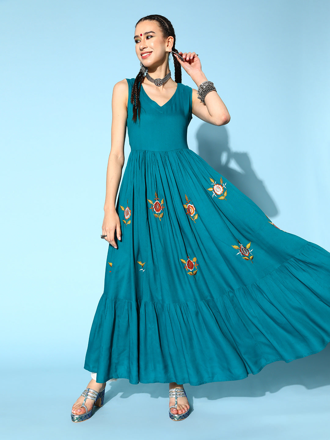 Rayon Solid Tiered Dress (Teal Blue)
