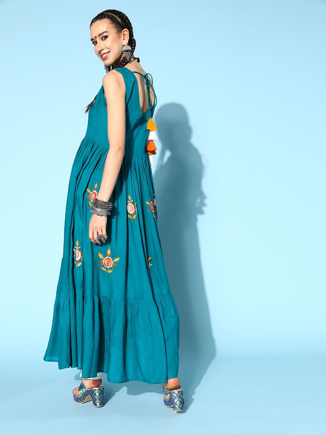 Rayon Solid Tiered Dress (Teal Blue)