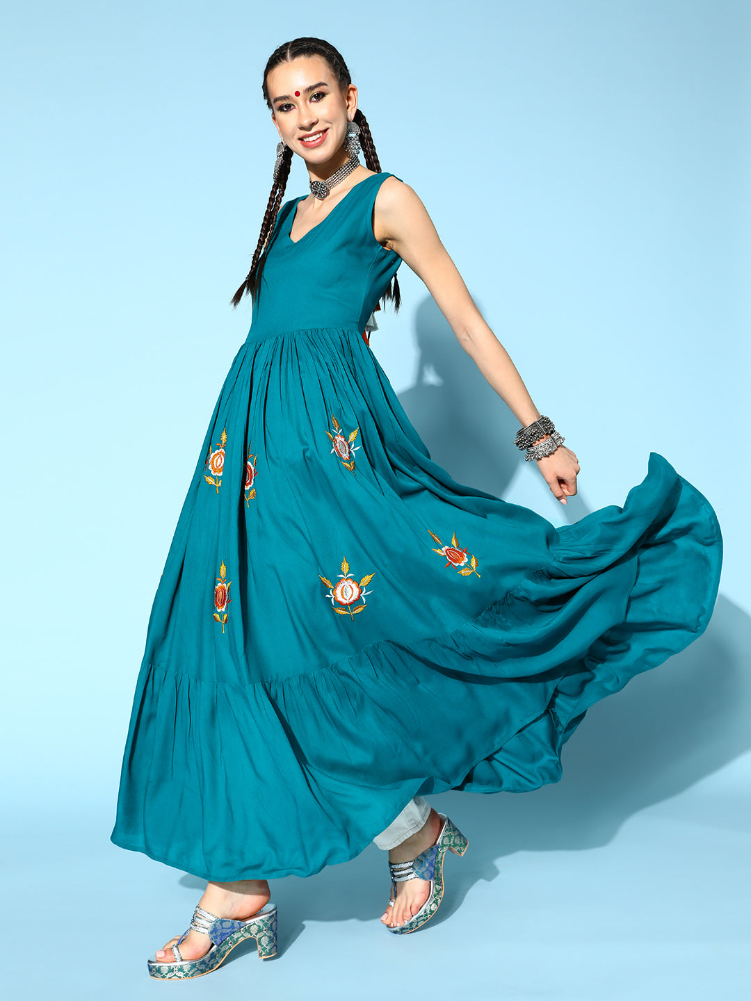 Rayon Solid Tiered Dress (Teal Blue)