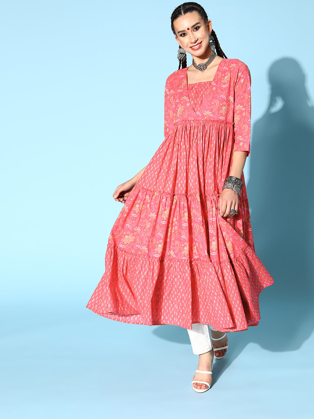 Cotton Printed Tiered Dress (Pink)