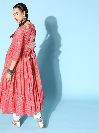Cotton Printed Tiered Dress (Pink)