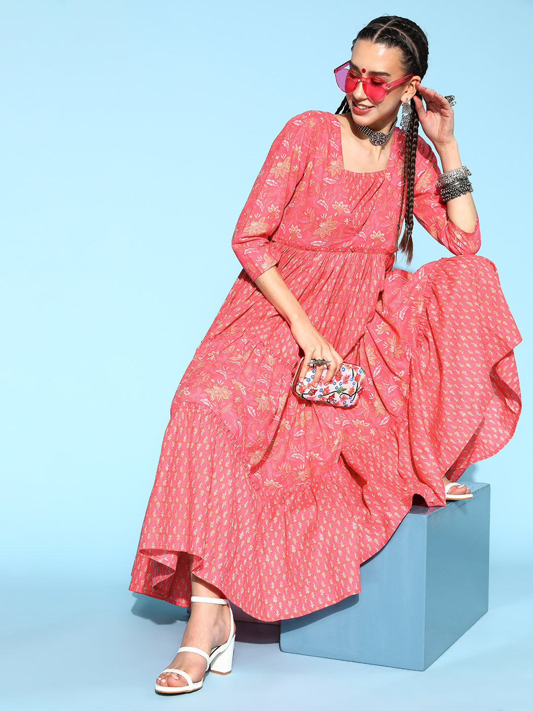 Cotton Printed Tiered Dress (Pink)