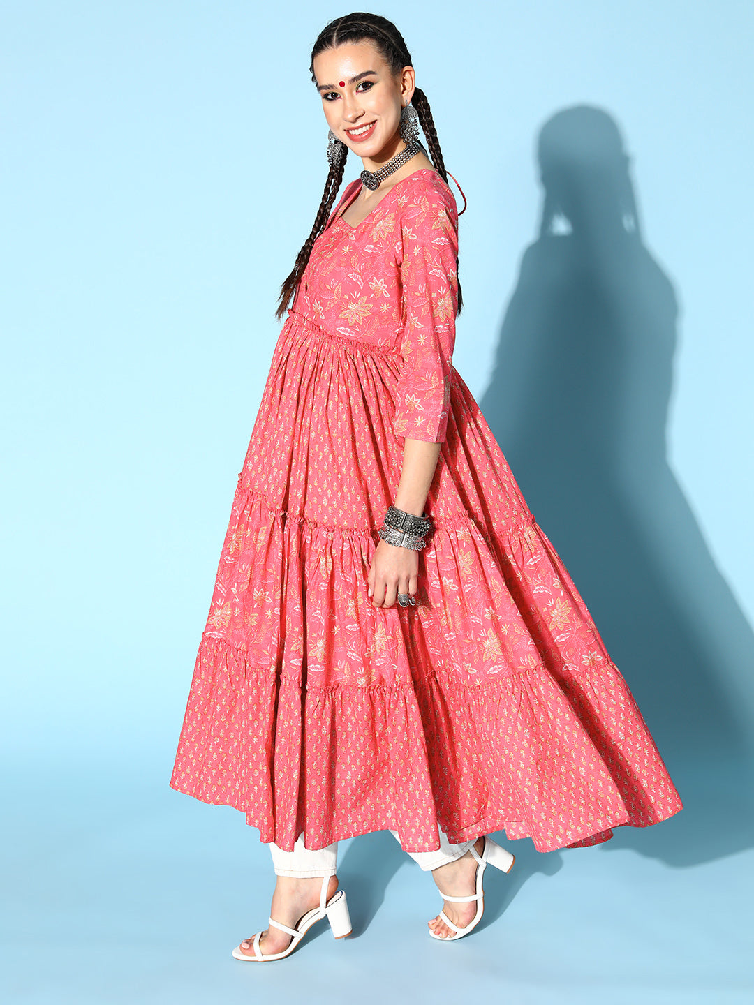 Cotton Printed Tiered Dress (Pink)