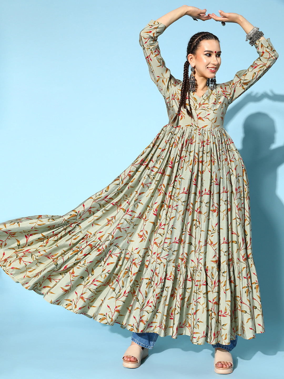 Modal Silk Printed Tiered Dress (Multicolour)