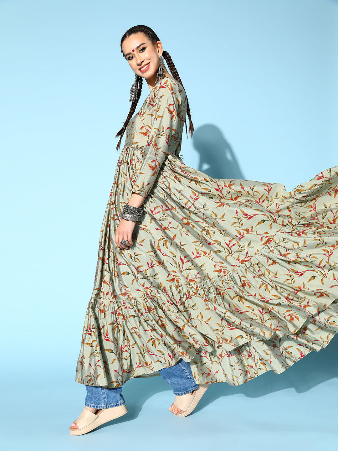 Modal Silk Printed Tiered Dress (Multicolour)