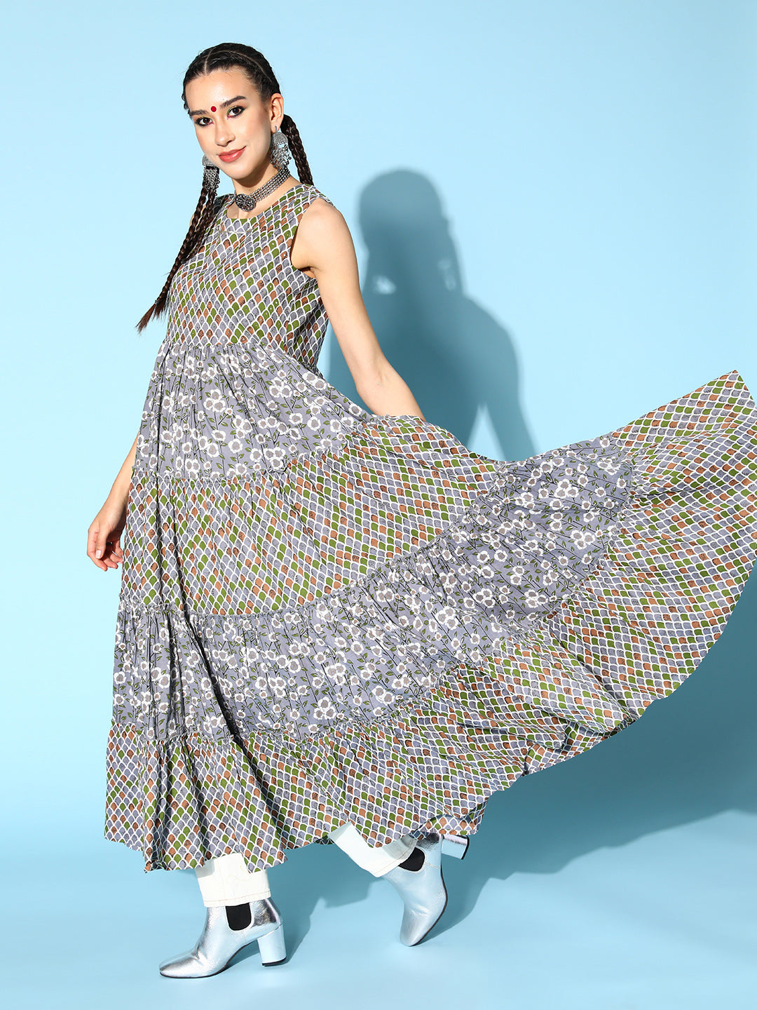 Rayon Printed Tiered Dress (Multicolour)