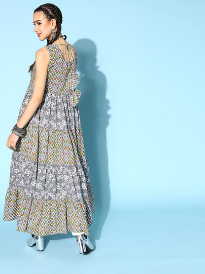 Rayon Printed Tiered Dress (Multicolour)