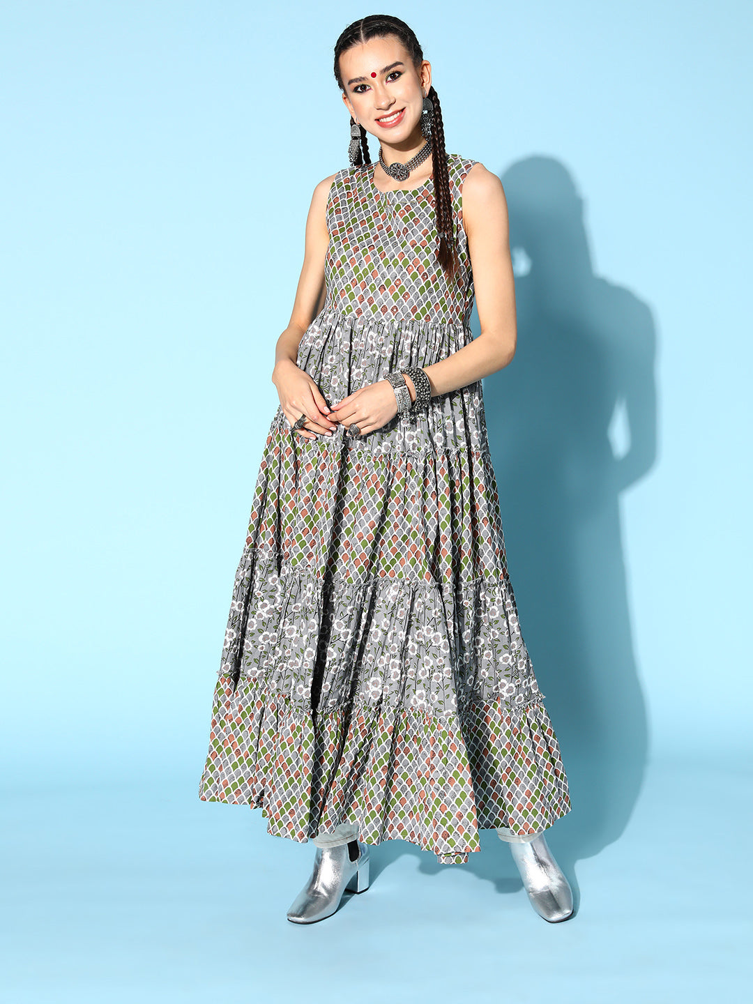 Rayon Printed Tiered Dress (Multicolour)