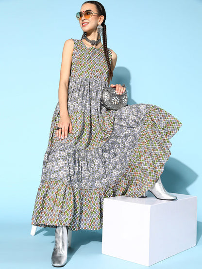 Rayon Printed Tiered Dress (Multicolour)