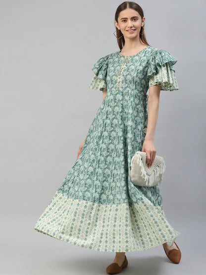 Cotton Mix Print Flared Kurta (Sky Blue)