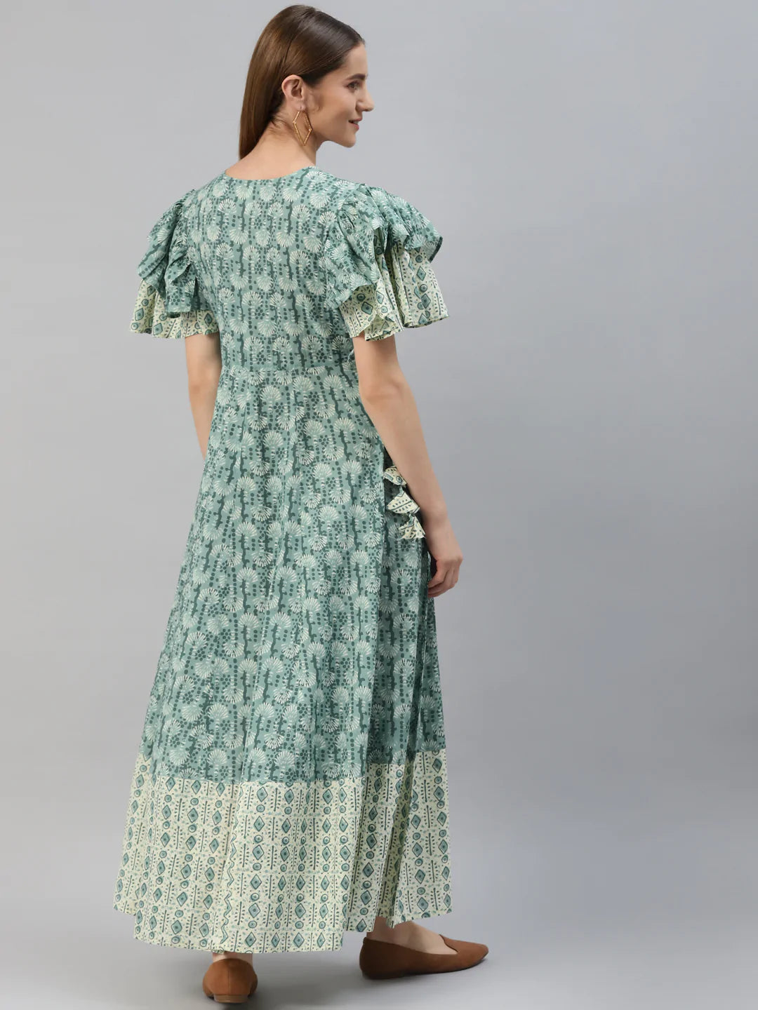 Cotton Mix Print Flared Kurta (Sky Blue)