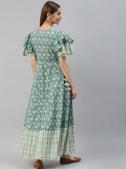 Cotton Mix Print Flared Kurta (Sky Blue)