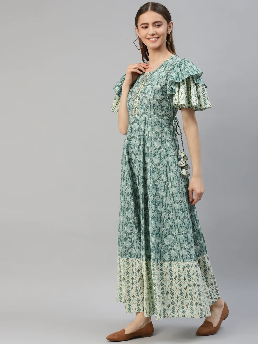 Cotton Mix Print Flared Kurta (Sky Blue)