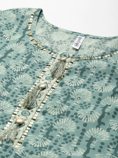 Cotton Mix Print Flared Kurta (Sky Blue)