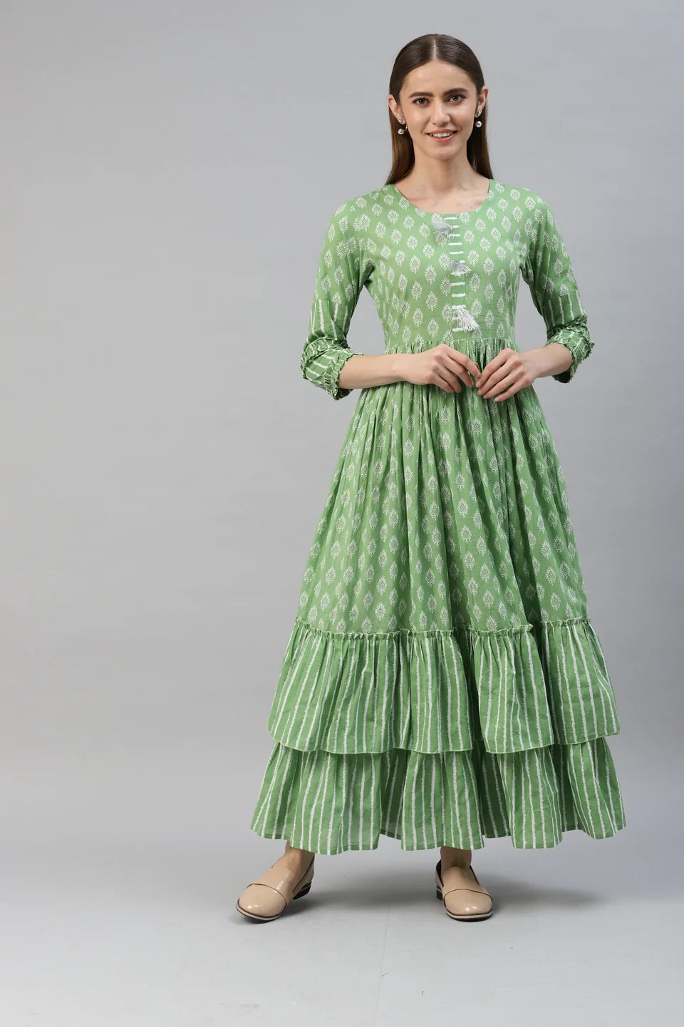 Cotton Mix Print Flared Kurta (Green)