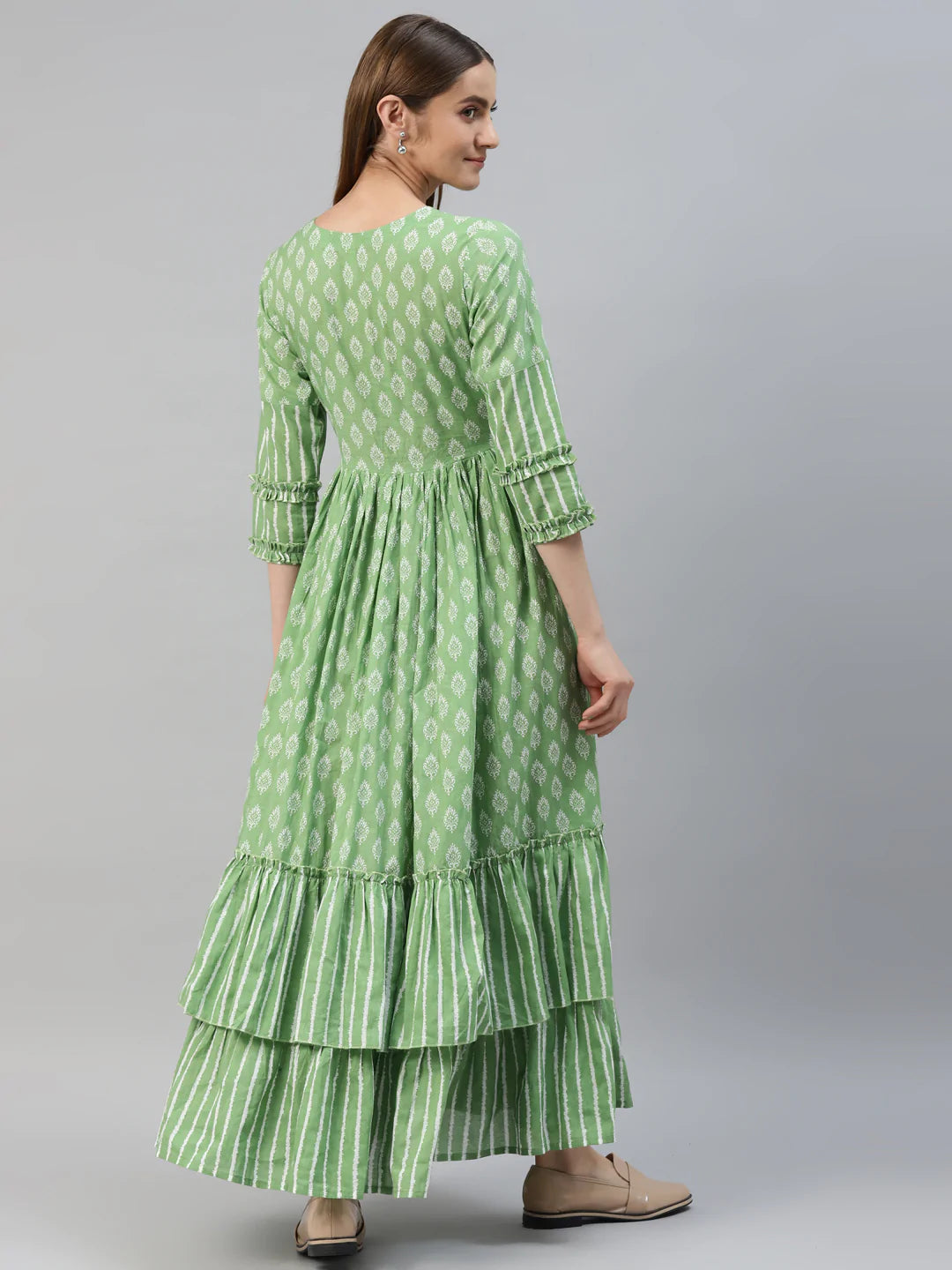 Cotton Mix Print Flared Kurta (Green)