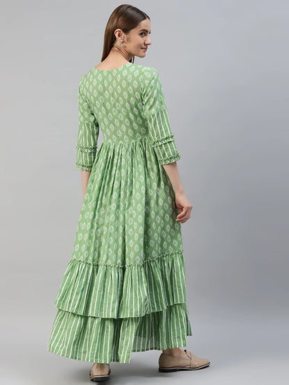 Cotton Mix Print Flared Kurta (Green)