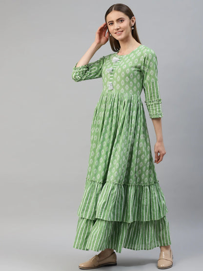 Cotton Mix Print Flared Kurta (Green)