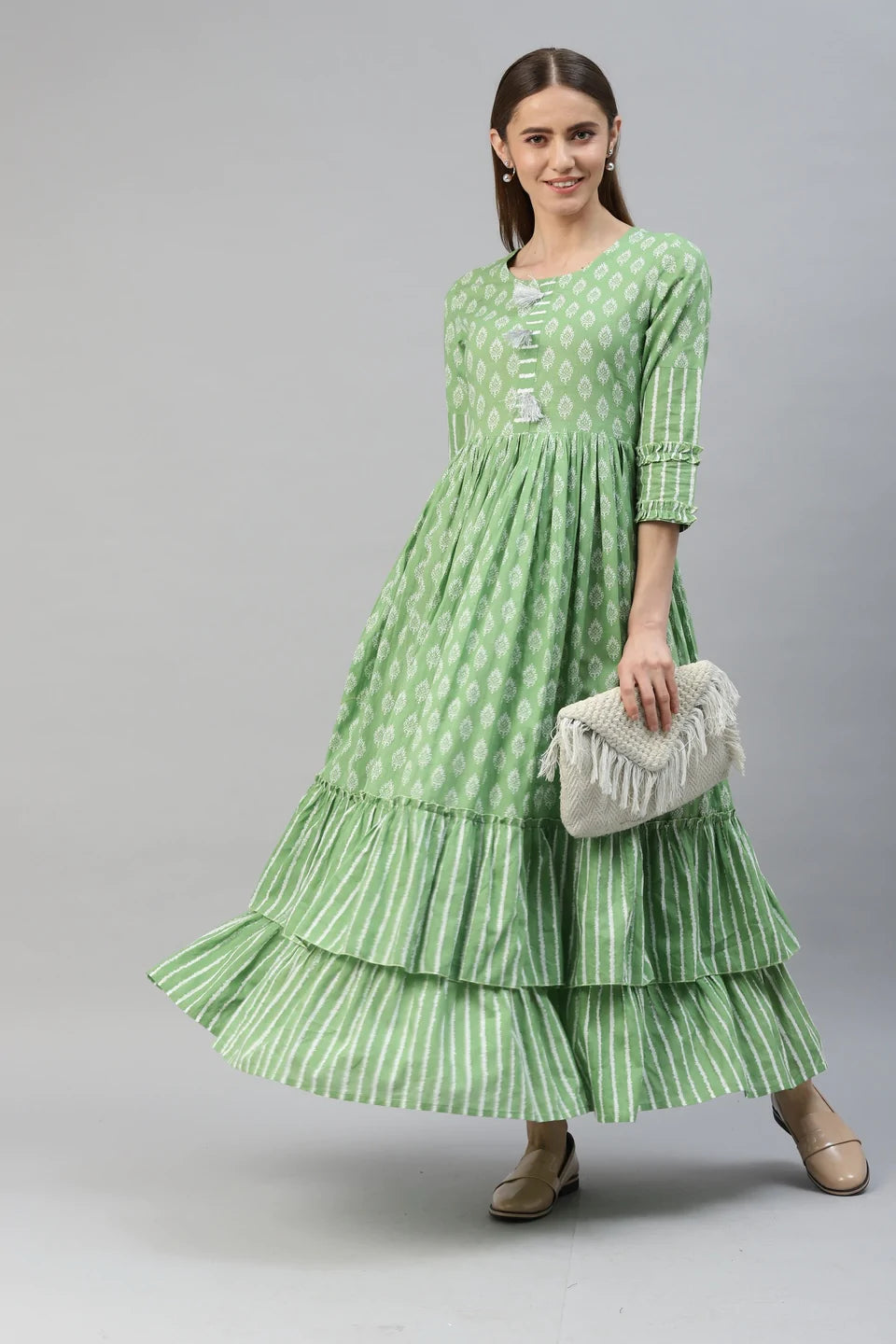 Cotton Mix Print Flared Kurta (Green)