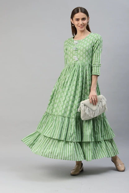 Cotton Mix Print Flared Kurta (Green)