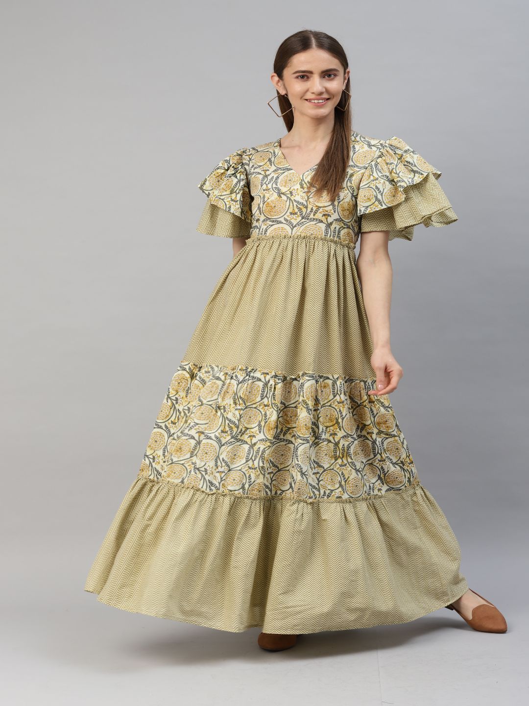 Cotton Printed Flared Kurta (Cream)