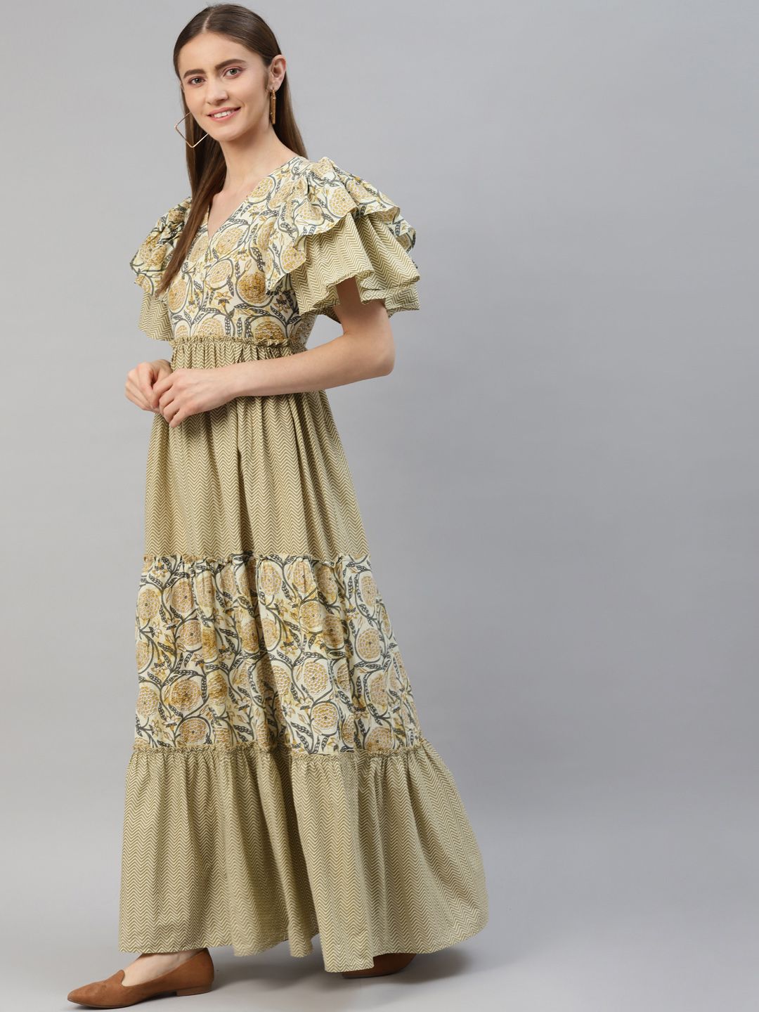 Cotton Printed Flared Kurta (Cream)