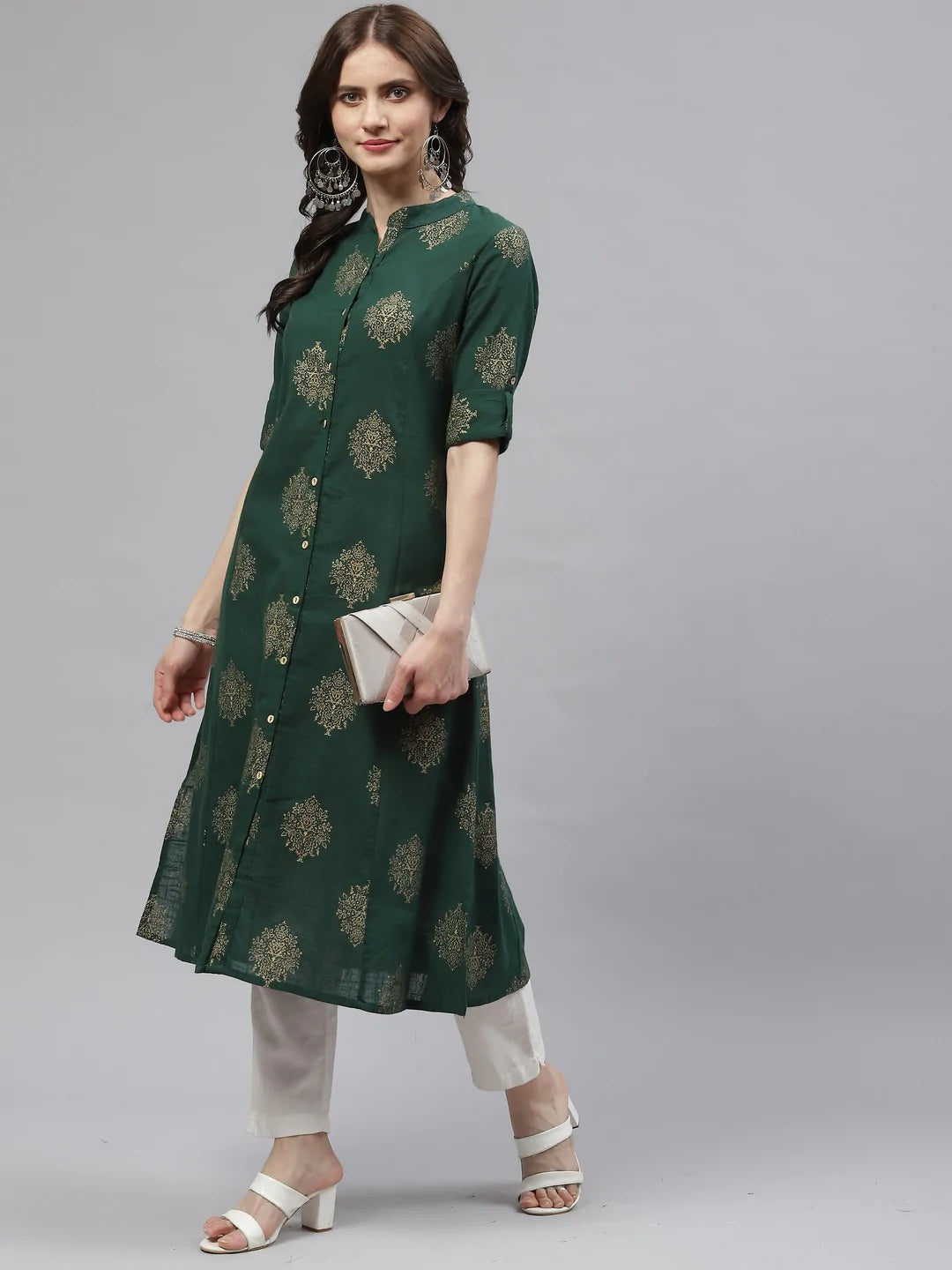 Cotton A-line Kurta (Dark Green)