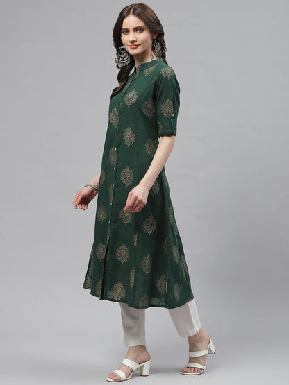 Cotton A-line Kurta (Dark Green)