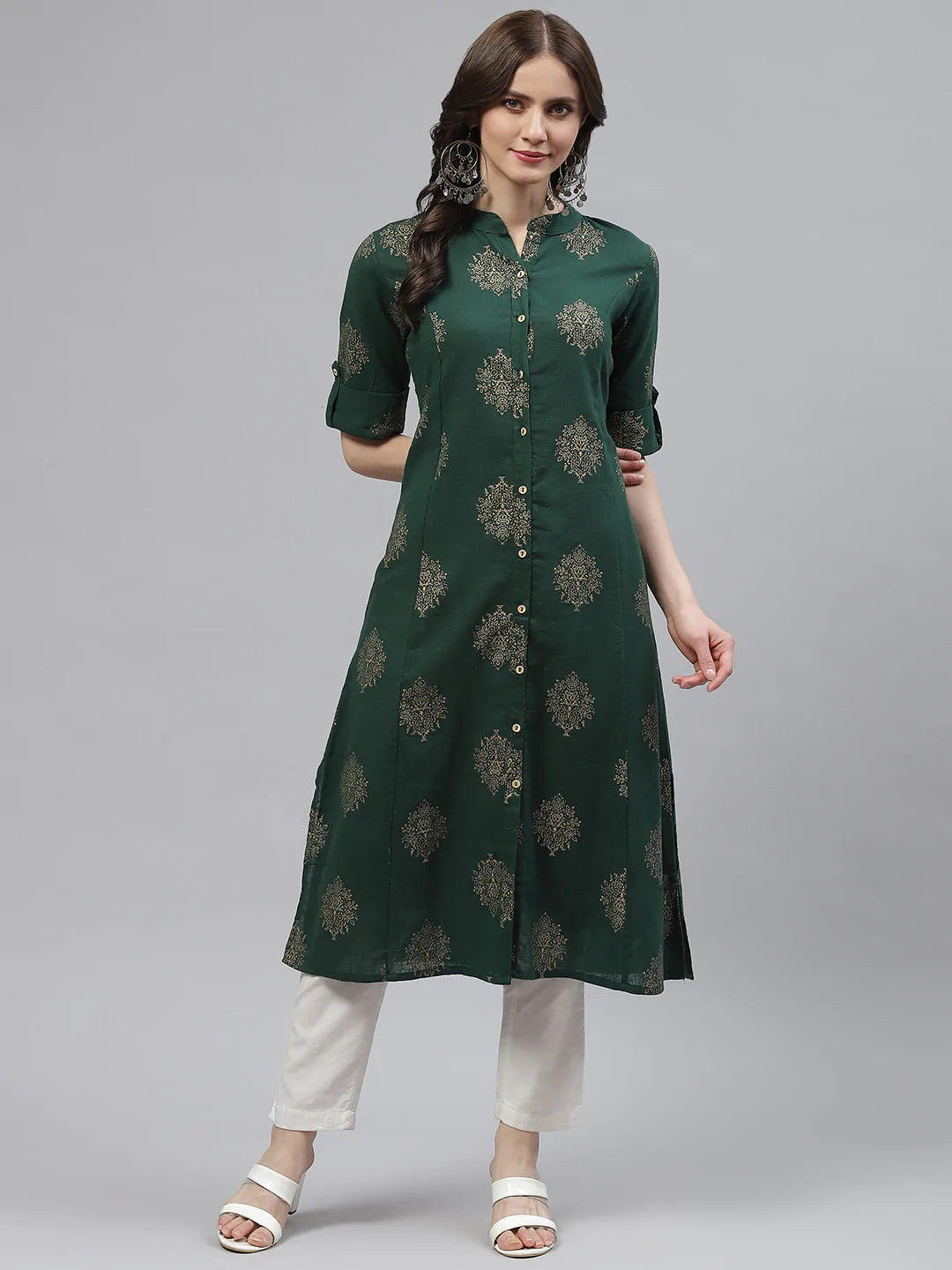 Cotton A-line Kurta (Dark Green)