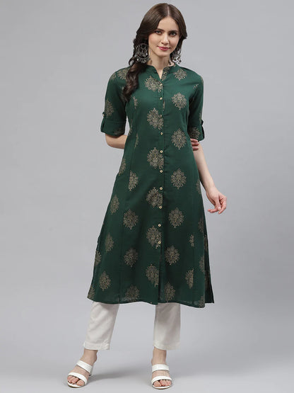 Cotton A-line Kurta (Dark Green)