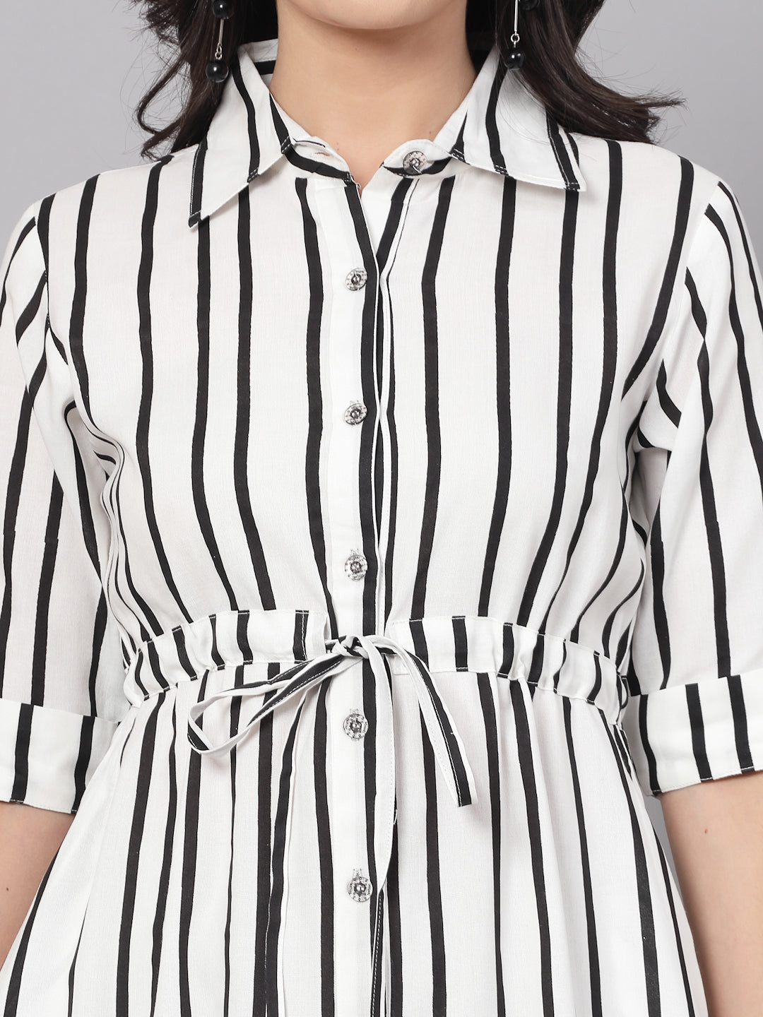 3/4 sleeves & Shirt CollorRayon Stripes Print Dress