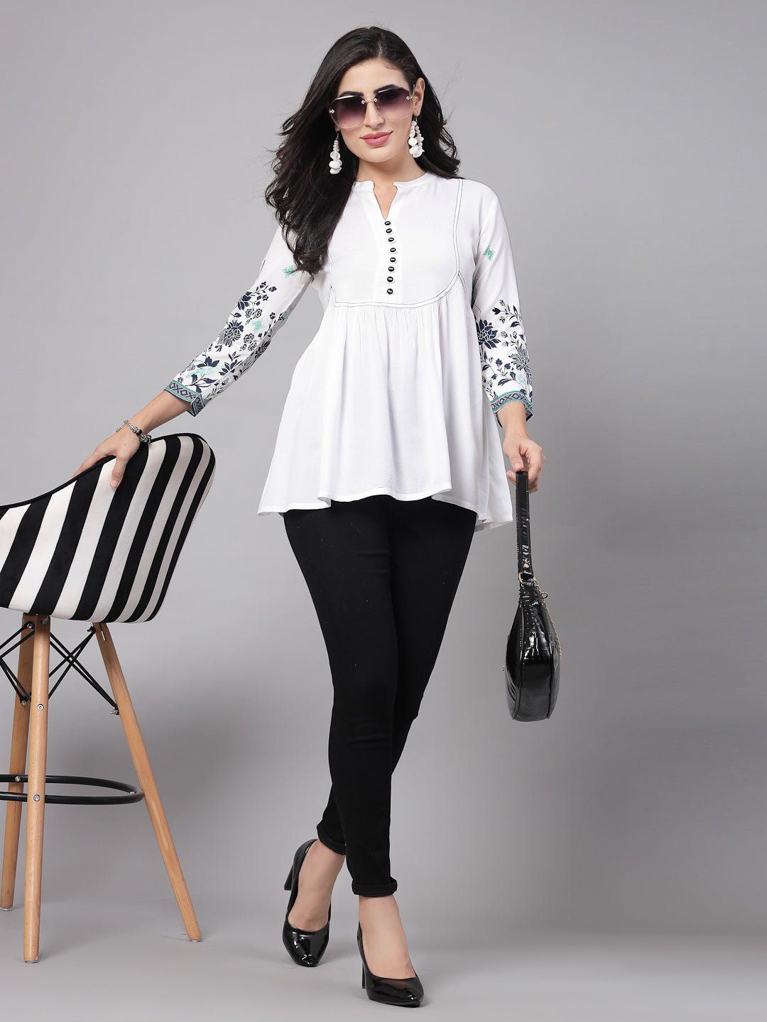 3/4 sleeves & Keyhole NeckRayon Self desgin Tops