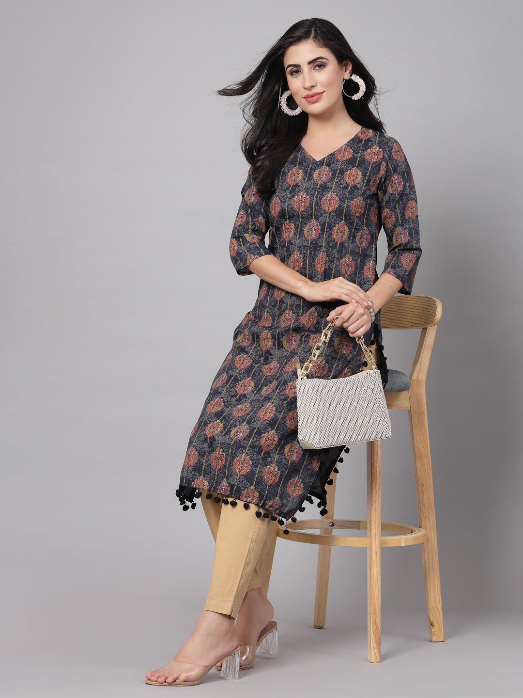 3/4 sleeves & v-neckCotton Self desgin kurta