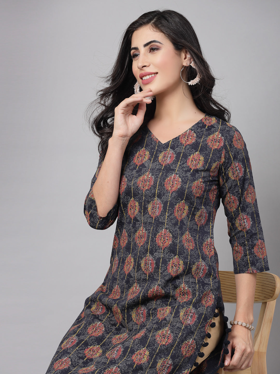 3/4 sleeves & v-neckCotton Self desgin kurta