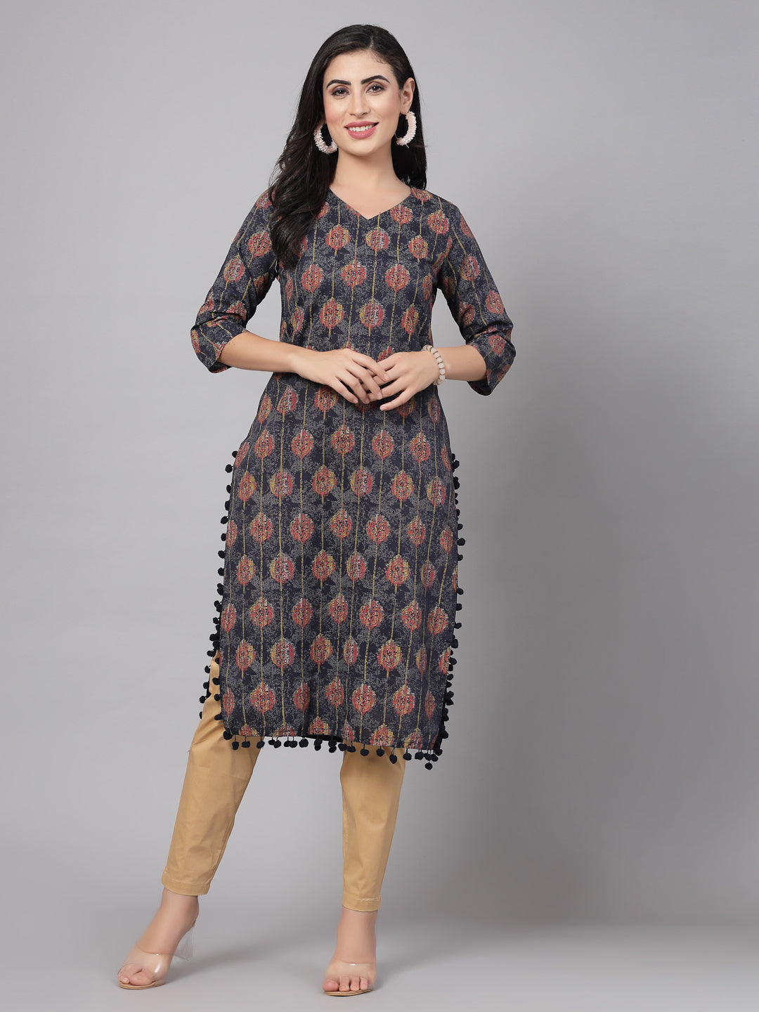 3/4 sleeves & v-neckCotton Self desgin kurta