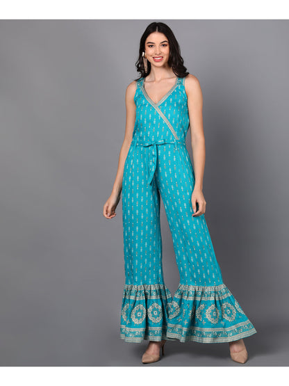 Rayon Printed Flared Jumpsuit (Turquoise Blue)