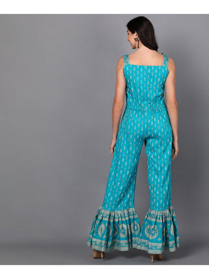 Rayon Printed Flared Jumpsuit (Turquoise Blue)